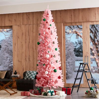 Glitzhome 9ft Pink Pencil Tinsel Artificial Christmas Tree Image 1