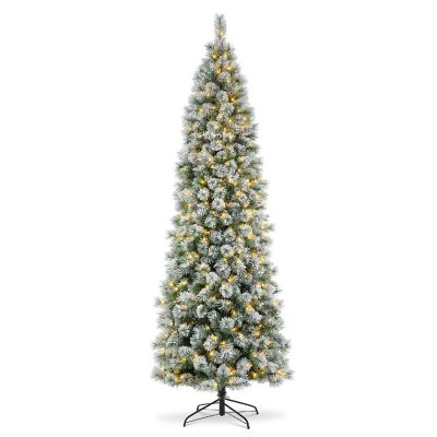 Glitzhome 9ft Pre-Lit Flocked Pencil Pine Artificial Christmas Tree with 500 Warm White Lights, 3 function Image 1