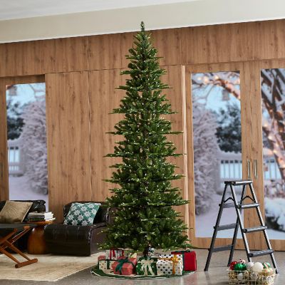 Glitzhome 9ft Pre-Lit Green Slim Fir Artificial Christmas Tree with 500 strawberry Lights,9 Functional Warm White/Multi-color, remote controller Image 1