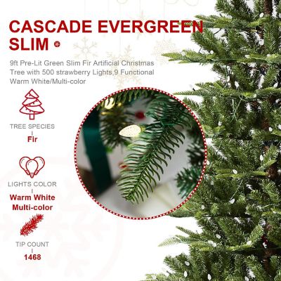 Glitzhome 9ft Pre-Lit Green Slim Fir Artificial Christmas Tree with 500 strawberry Lights,9 Functional Warm White/Multi-color, remote controller Image 3