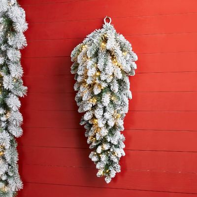 Glitzhome S/2 3ft Pre-Lit Flocked Christmas Teardrop, with 50 Warm White LED Lights and Timer, Three Function Image 1