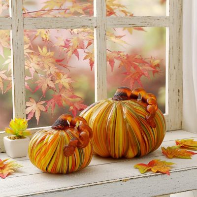 Glitzhome S/2 Fall Multi Striped Glass Short Pumpkin Image 1