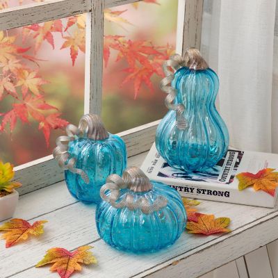 Glitzhome S/3 Fall Blue Glass Pumpkin Image 1