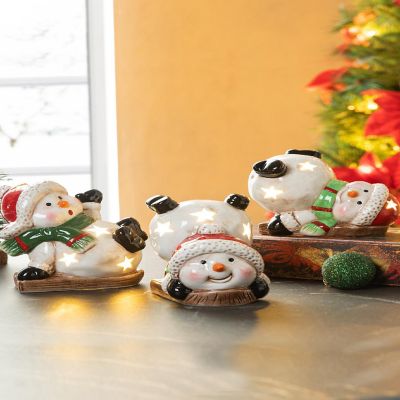 Glitzhome Set of 3 Lighted Ceramic Snowman Table Decor Image 1