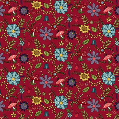 Gnome For the Holiday Flowers on Red- Cotton Fabric -by Henry Glass,44" Wide and Sold by the Yard Image 1