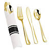 Gold Plastic Cutlery in White Napkin Rolls Set - Napkins, Forks, Knives, Spoons and Paper Rings (30 Guests) Image 1