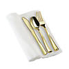 Gold Plastic Cutlery in White Napkin Rolls Set - Napkins, Forks, Knives, Spoons and Paper Rings (30 Guests) Image 1