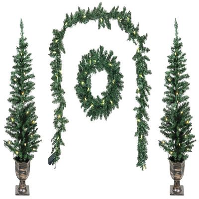 Good Tidings Classic Holiday 4- Piece Porch Set- Lit Wreath- Garland and 2 Trees Image 1