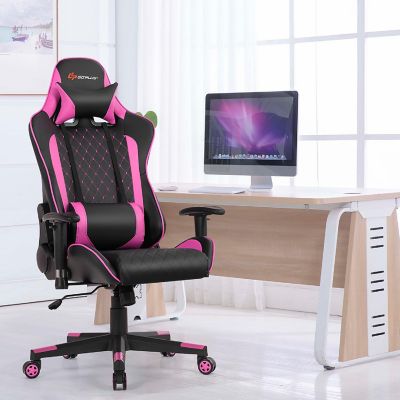 Goplus Massage Gaming Chair Reclining Racing Chair w/Lumbar Support and Headrest Pink Image 1