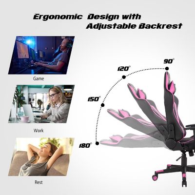 Goplus Massage Gaming Chair Reclining Racing Chair w/Lumbar Support and Headrest Pink Image 3