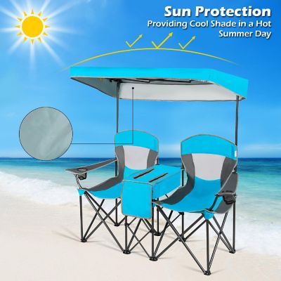 Goplus Portable Folding Camping Canopy Chairs w/ Cup Holder Cooler Outdoor Blue Image 3
