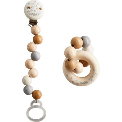 HABA Baby Gift Set Dots with Natural Wood Pacifier Chain and Clutching Toy Image 1