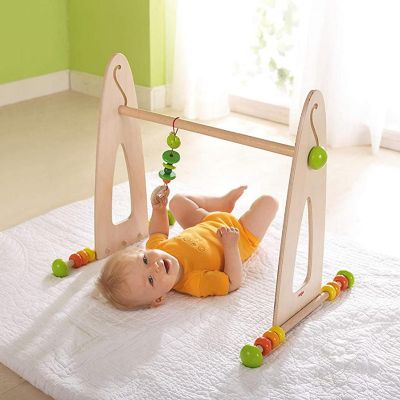 HABA Color Fun Play Gym - Wooden Activity Center with Adjustable Height, Sliding Discs and Dangling Frog Image 3