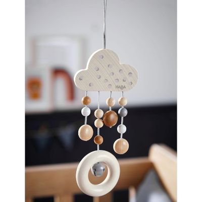HABA Dangling Figure Dots - Natural Wooden Cloud with Dangling Beads and Chiming Ring - Attaches to Play Gym, Car Seat or Stroller (Made in Germany) Image 1