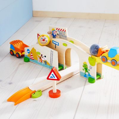 HABA Kullerbu at The Construction Site Play Track - 13 Piece Starter Set with 2 Vehicles and Ball Drop - Ages 2 and Up Image 2
