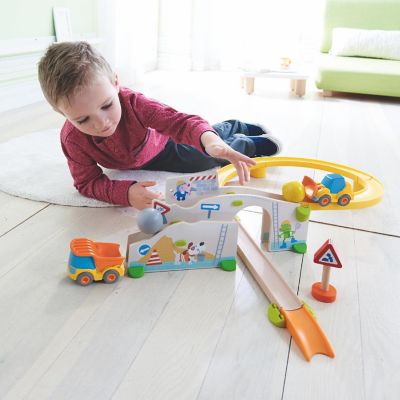 HABA Kullerbu at The Construction Site Play Track - 13 Piece Starter Set with 2 Vehicles and Ball Drop - Ages 2 and Up Image 3