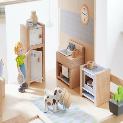 HABA Little Friends Kitchen Room Set - Wooden Dollhouse Furniture for 4" Bendy Dolls Image 1