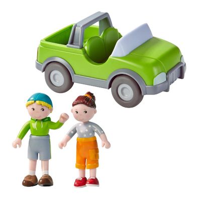 HABA Little Friends Out and About Playset with 2 Toy Figures and Green Momentum Motor Vehicle Image 1