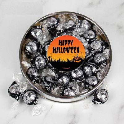 Halloween Candy Gift Tin with Chocolate Lindor Truffles by Lindt Large Plastic Tin with Sticker By Just Candy - Pumpkin Image 1