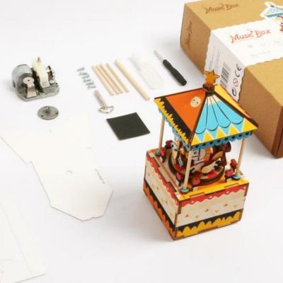 HandsCraft DIY 3D Wood Puzzle Music Box: Merry-Go-Round - 61 Pieces Image 1