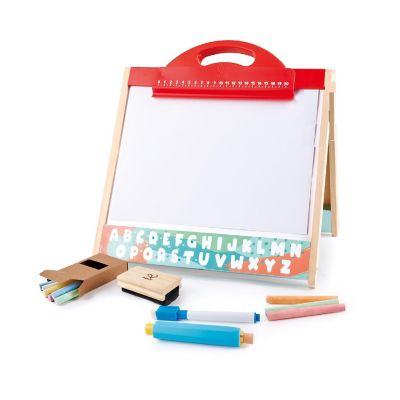 Hape 3&amp;#8209;in&amp;#8209;1 Store &amp; Go Tabletop Easel &amp;#8211; Double&amp;#8209;Sided Chalkboard &amp; Magnetic Whiteboard with Carry Case &amp; Art Supplies Image 1