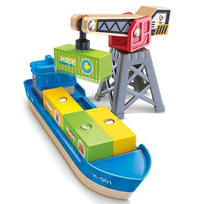 Hape: Cargo Ship &amp; Crane - 6 pc Train Playset, Functional Crane,Ages 3+ Image 1