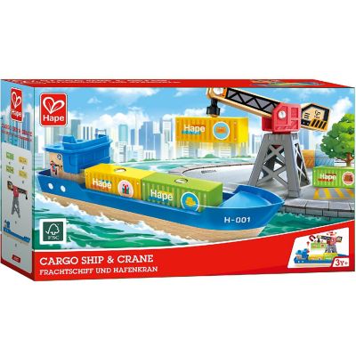 Hape: Cargo Ship &amp; Crane - 6 pc Train Playset, Functional Crane,Ages 3+ Image 1