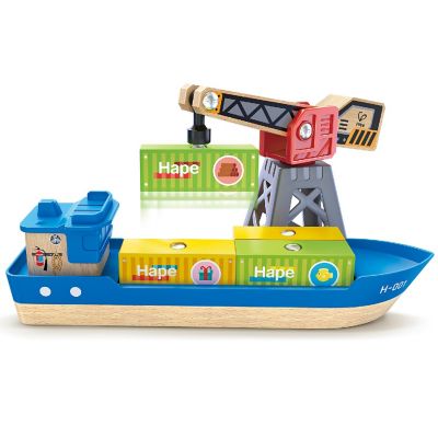 Hape: Cargo Ship &amp; Crane - 6 pc Train Playset, Functional Crane,Ages 3+ Image 2