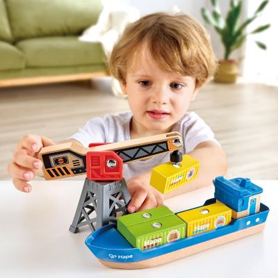 Hape: Cargo Ship &amp; Crane - 6 pc Train Playset, Functional Crane,Ages 3+ Image 3