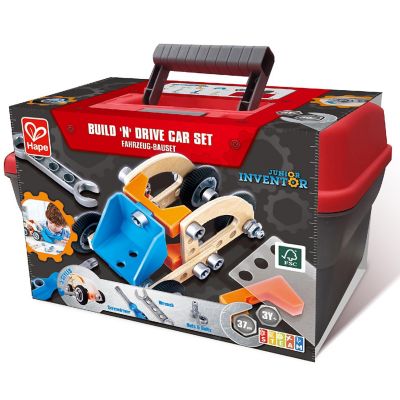 Hape Junior Inventor Build &amp;#8217;n&amp;#8217; Drive Car Set &amp;#8211; 37&amp;#8209;Piece STEM Construction Kit Image 1