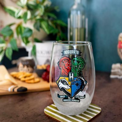 Harry Potter Animal Crests Teardrop Stemless Wine Glass  Holds 20 Ounces Image 1