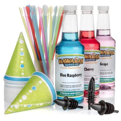 Hawaiian Shaved Ice Syrup 3 Pack with Accessories, Cherry, Grape, Blue Raspberry, 25 spoonstraws, 25 paper cups, 3 bottle pourers Image 1