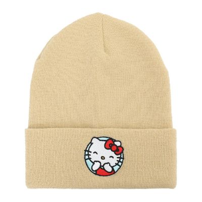 Hello Kitty Blue Circle Embroidered Khaki Cuff Beanie Image 1