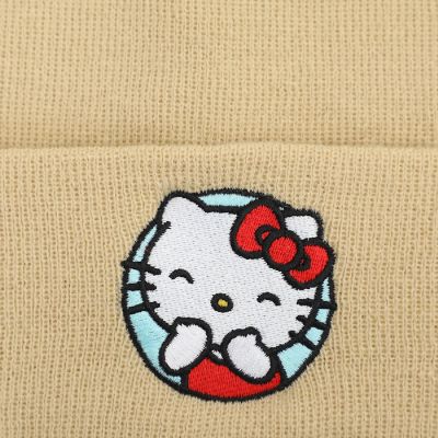 Hello Kitty Blue Circle Embroidered Khaki Cuff Beanie Image 1