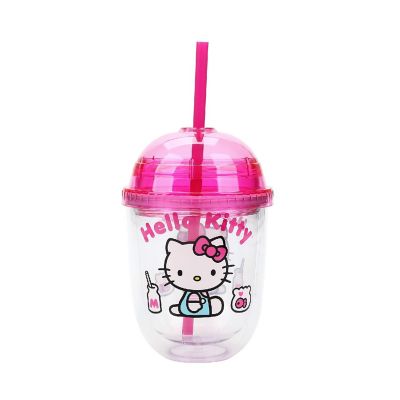 Hello Kitty Drinks Character Art 13 Oz Double Wall Plastic Cup With Pink Dome Lid Image 1