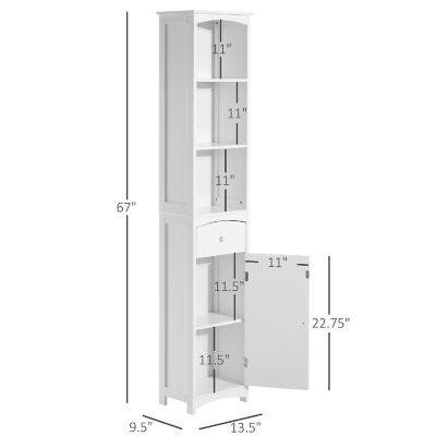 HOMCOM 67" Tall Bathroom Storage Cabinet Freestanding Linen Tower with 3 Tier Shelf Drawer and Cupboard Narrow Side Floor White Oriental