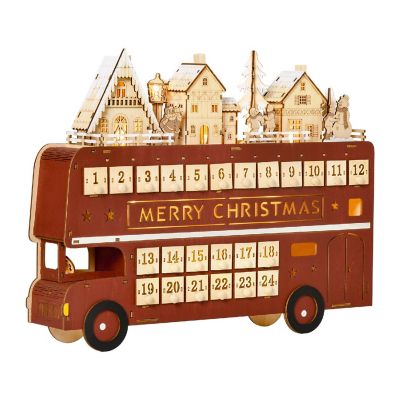 HOMCOM Christmas Advent Calendar Light Up Table Xmas Wooden Bus Holiday Decoration Countdown Drawer Santa Claus Street House for Kids and Adults Image 1