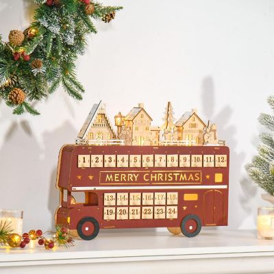 HOMCOM Christmas Advent Calendar Light Up Table Xmas Wooden Bus Holiday Decoration Countdown Drawer Santa Claus Street House for Kids and Adults Image 2