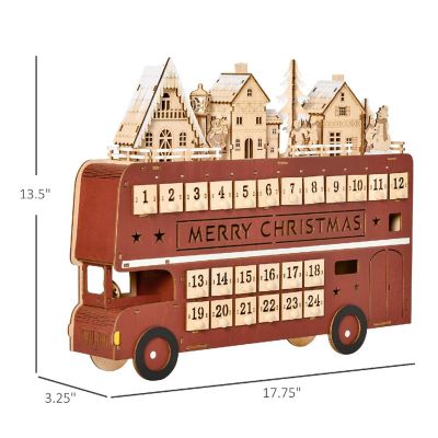 HOMCOM Christmas Advent Calendar Light Up Table Xmas Wooden Bus Holiday Decoration Countdown Drawer Santa Claus Street House for Kids and Adults Image 3