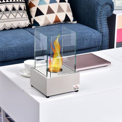 HOMCOM Portable Tabletop Ventless Bio Ethanol Fireplace Glass Walls Stainless Steel Base and Cover Lid Indoor/Outdoor Use Silver Image 3
