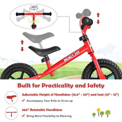 HoneyJoy Balance Bike No Pedal w/ Adjustable Handlebar & Seat Red Image 3