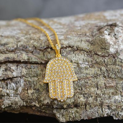 Ice City Iced Hamsa Hand Pendant with Cubic Zirconia and Necklace for Men in Gold and Silver Image 1