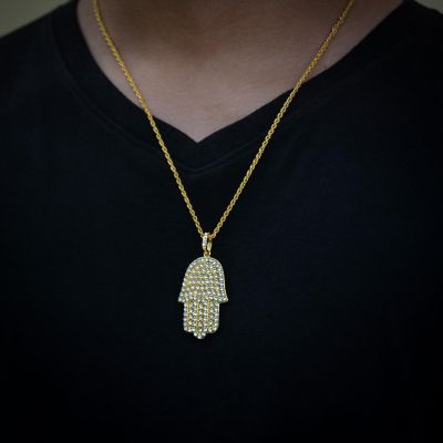 Ice City Iced Hamsa Hand Pendant with Cubic Zirconia and Necklace for Men in Gold and Silver Image 2