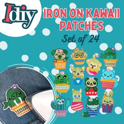 iDIY Kawaii Iron-on Cute Animals in Cactus Patches (24 Pack) - 2 of Each Design (Large 2.5&quot; and Small 2&quot;) - Sew On Patch Craft Kit for Clothing, Accessories &amp; S Image 1