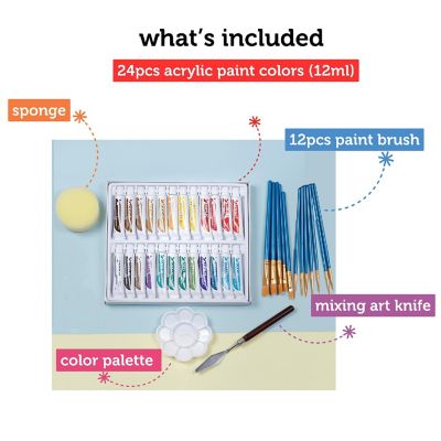 Incraftables Acrylic Paint Set for Adults & Kids. 24 Colors Acrylic Paints for Canvas Painting with 12 Brushes, Sponge, Pallet & Craft Knife Non-Toxic Art Paint Image 1
