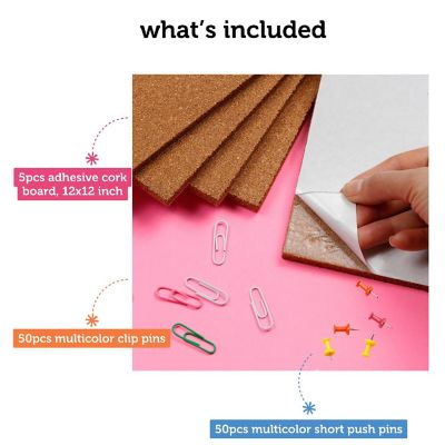 Incraftables Adhesive Cork Board Tiles 5pcs 12x12in Thick Frameless for Wall Office Home Large Cork Squares Self Adhesive w/ Clips & Pins Image 1