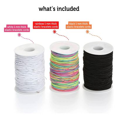 Incraftables Elastic String Cord Set of 3 Rolls (White, Black & Rainbow) 1mm Thick Stretchy Cording Set for DIY Jewelry Bead Making Image 1