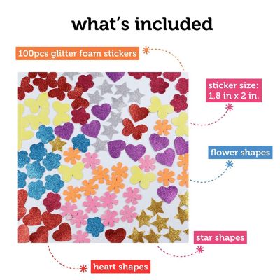 Incraftables Glitter Foam Stickers for Kids Self Adhesive 100pcs Assorted Flower Heart Star Glitter Butterfly Sparkly for Arts Crafts Adults Image 1