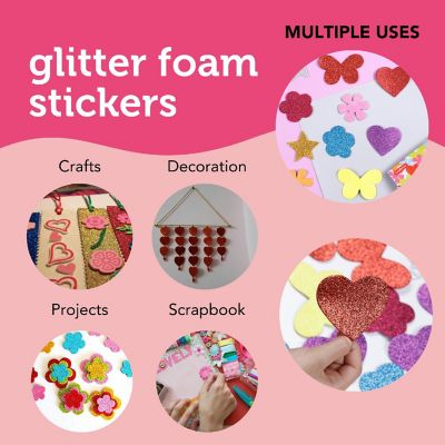 Incraftables Glitter Foam Stickers for Kids Self Adhesive 100pcs Assorted Flower Heart Star Glitter Butterfly Sparkly for Arts Crafts Adults Image 2