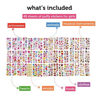 Incraftables Puffy Stickers for Girls 48 Sheets. Self Adhesive 3D Stickers for Toddlers w/ Hearts, Animals, Princesses, Cloths, Food, Emojis Image 1